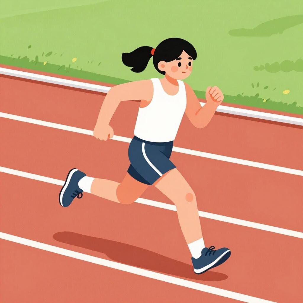 Uma pessoa correndo numa pista vermelha vestindo equipamento atlético.