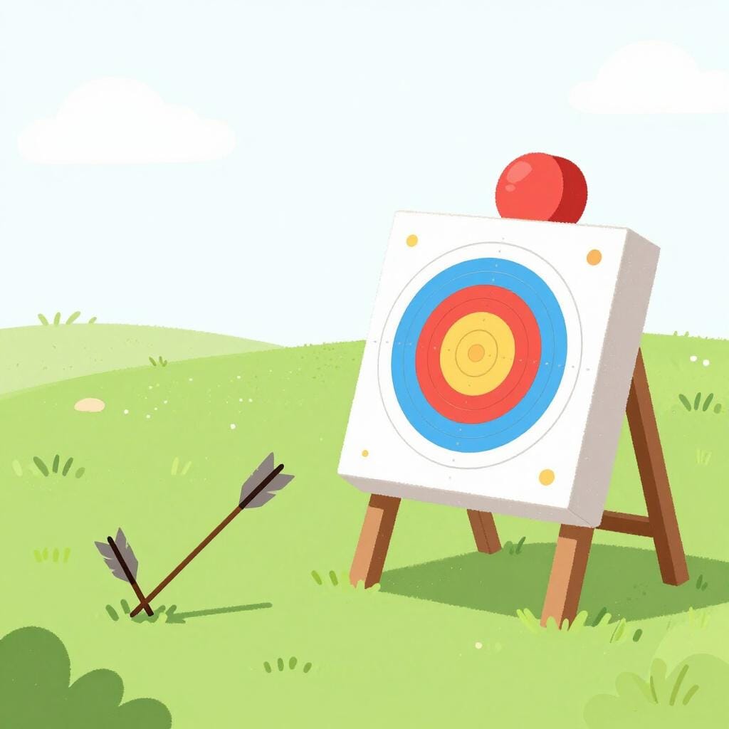 Ein Pfeil, der weit entfernt von einer bunten Zielscheibe im Boden steckt.