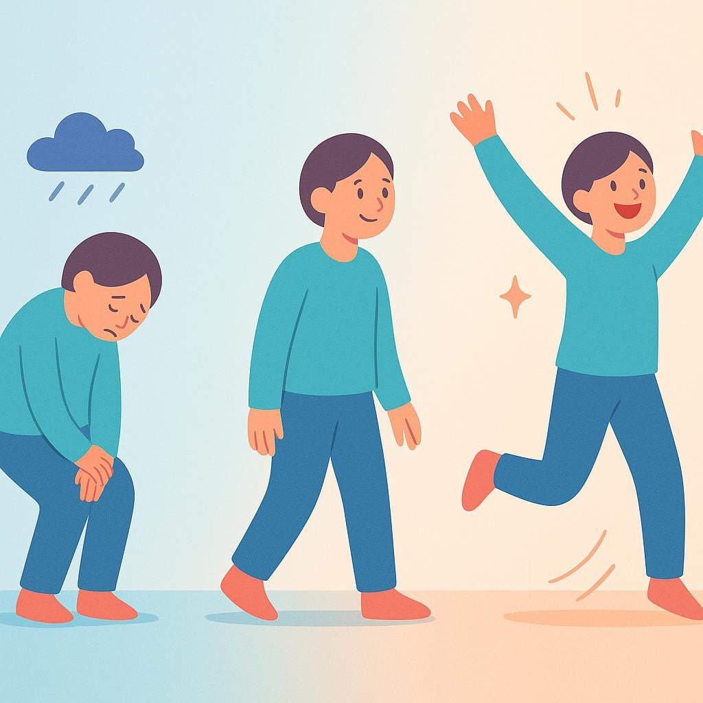 A simple illustration showing a figure changing their disposition, moving from a sad, slumped posture to an energetic, upright, happy posture.