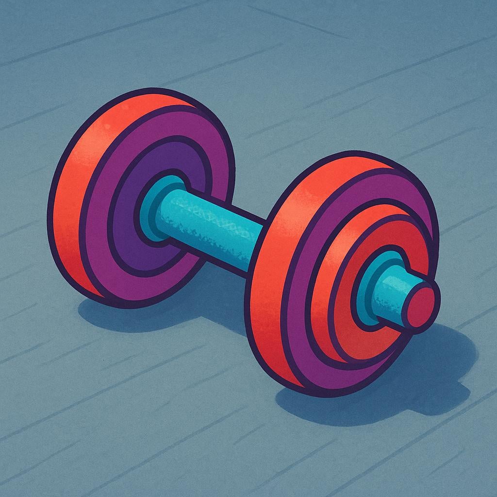 A single, brightly colored red and yellow dumbbell resting on the floor.