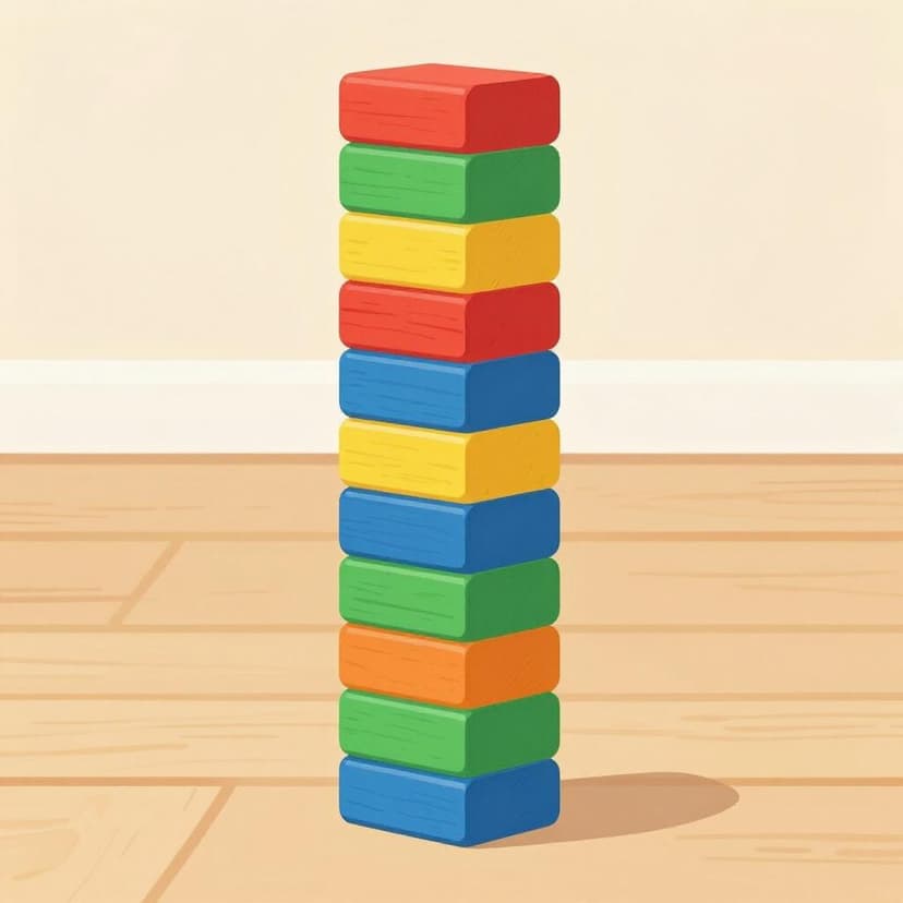 A neat vertical pile of colorful wooden toy blocks.