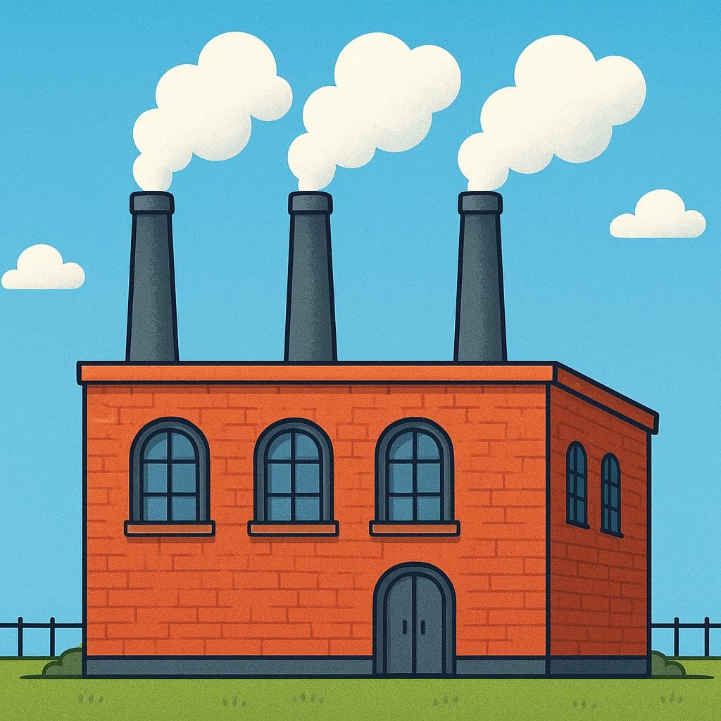 Ein großes, rechteckiges Industriegebäude aus rotem Backstein mit drei hohen, rauchenden Schornsteinen vor einem klaren blauen Himmel.