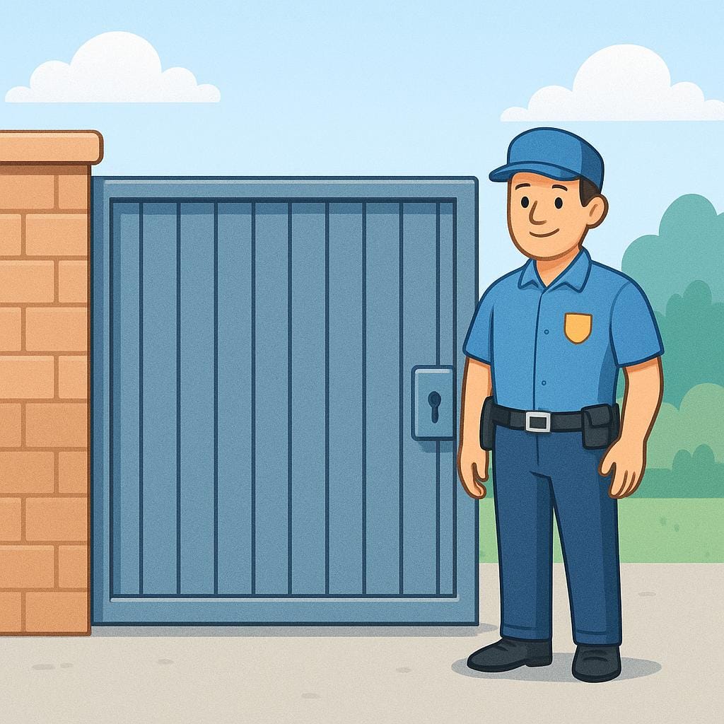 A uniformed security officer standing attentively beside a tall, locked metal gate, performing their duty.