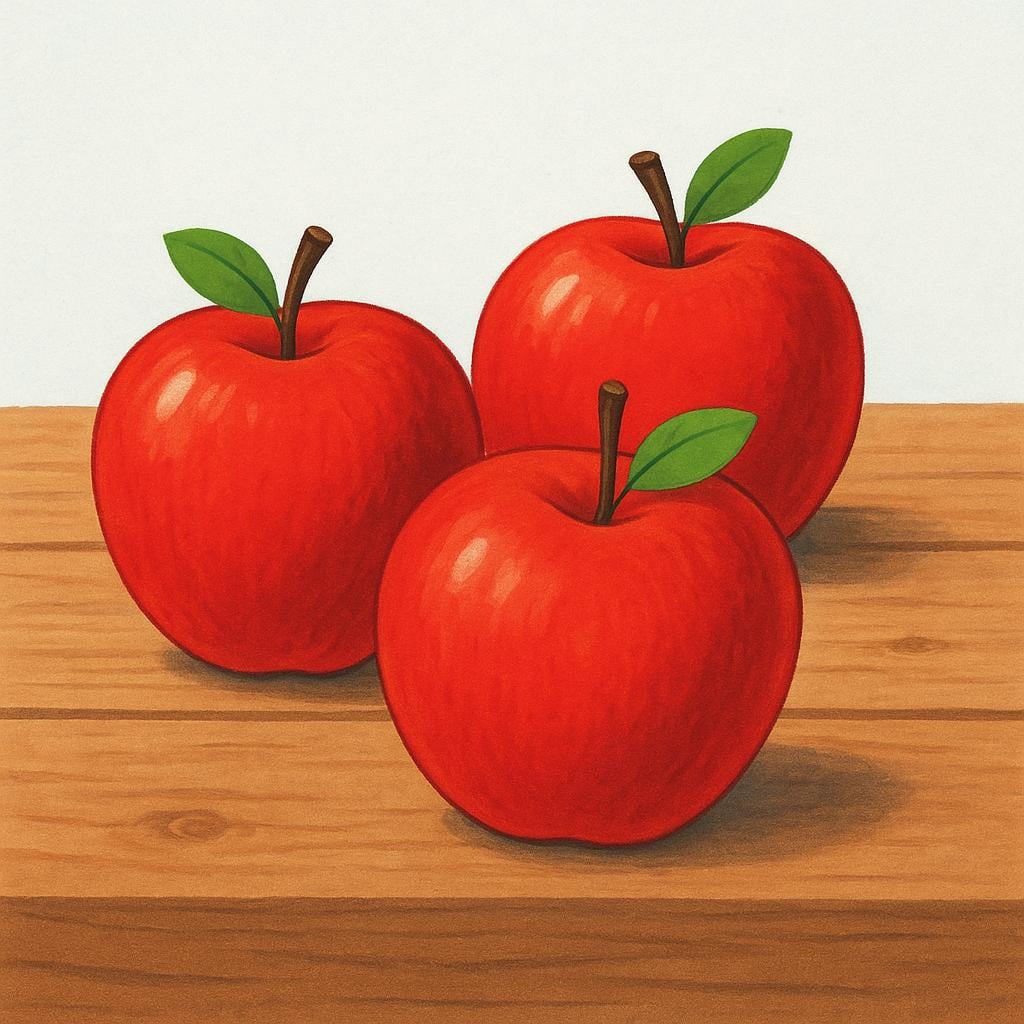 A very small group of only three simple, round red apples sitting on a wooden table, emphasizing the small quantity.