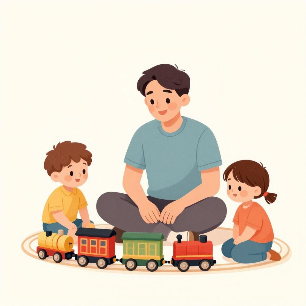 친근한 젊은 남자가 다채로운 깔개 위에서 장난감 기차를 가지고 행복한 두 아이와 함께 놀고 있는 모습.