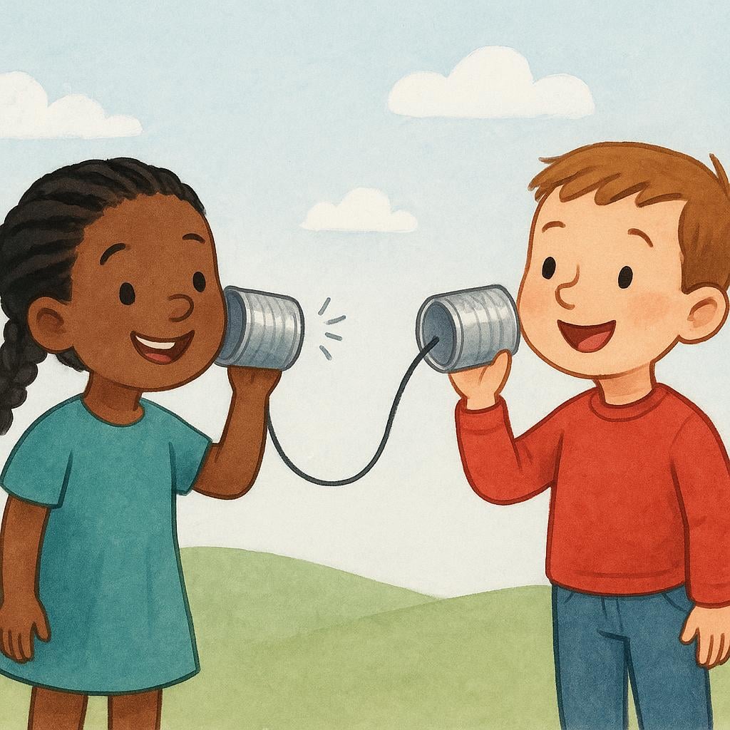 Two smiling children standing on separate small hills, talking to each other using a long string connected to tin cans, symbolizing keeping in touch.