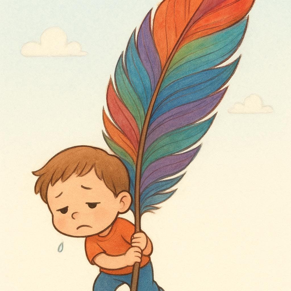 A small, exhausted child character struggling intensely to hold up a single, colorful feather, illustrating physical weakness.