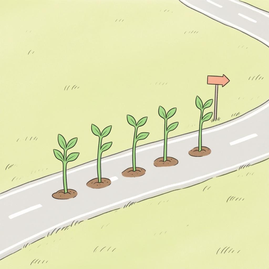 Una fila di cinque oggetti distinti, come piccoli alberi o segnali, che simboleggiano il completamento di una durata di cinque anni.