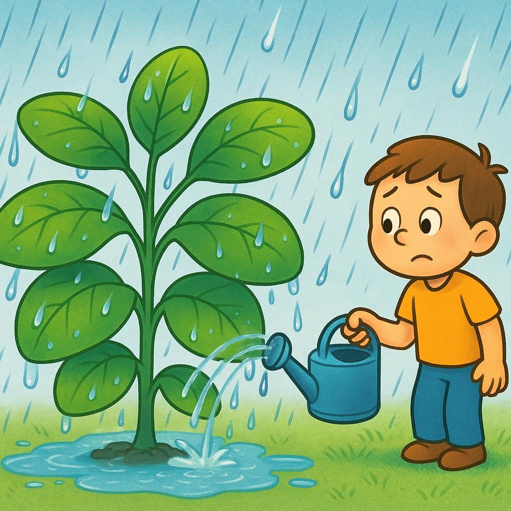 A person holding a full watering can next to a plant that is already being drenched by heavy rainfall, illustrating that the watering can is unnecessary.