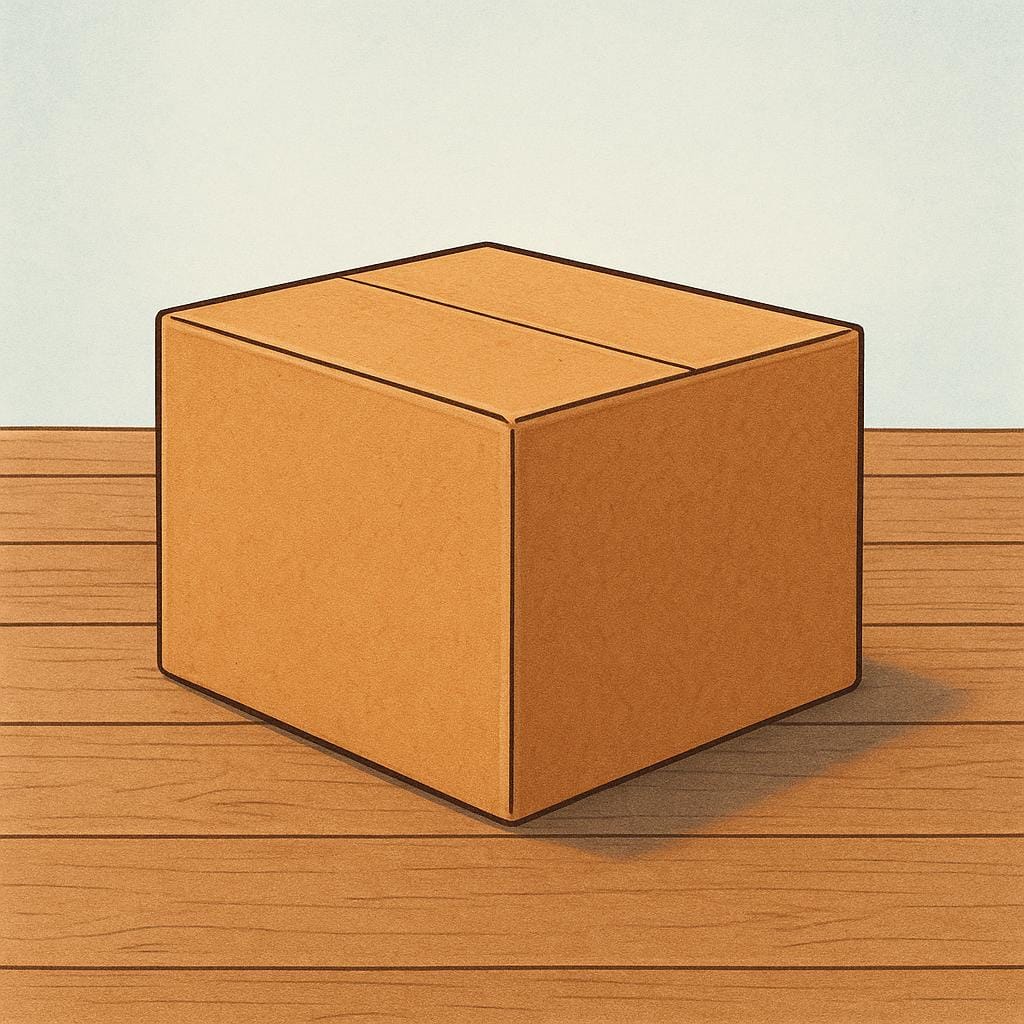 A plain, brown, rectangular cardboard box sitting on a wooden floor.