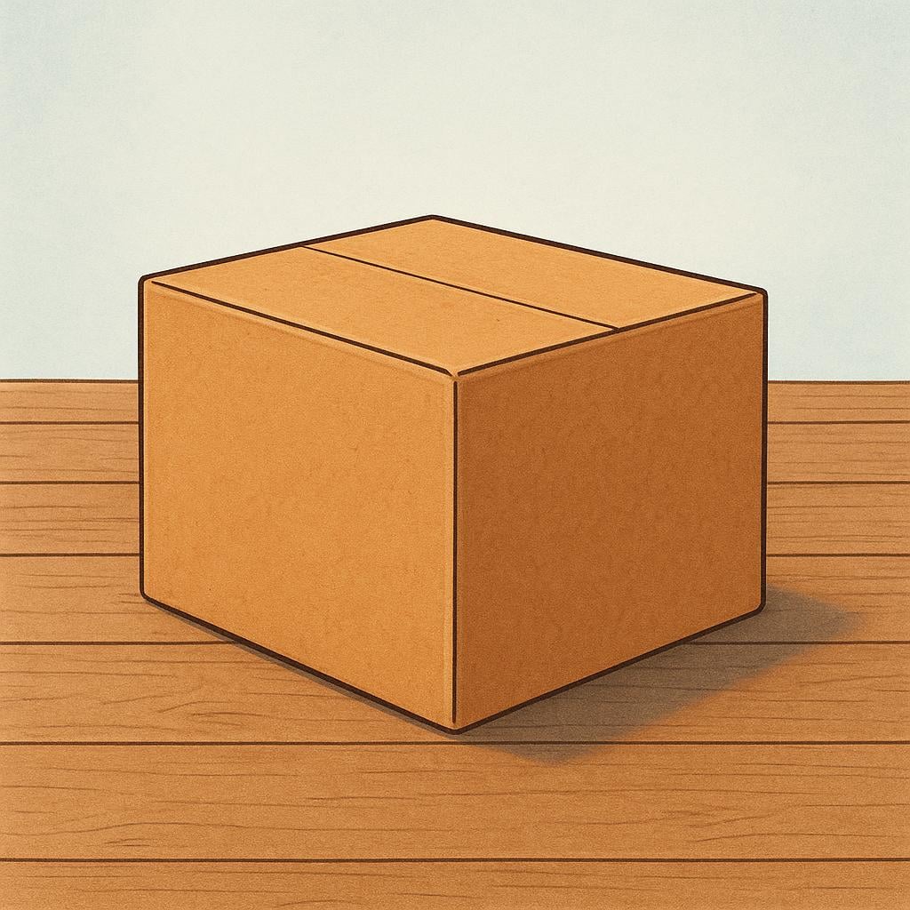 A plain, brown, rectangular cardboard box sitting on a wooden floor.