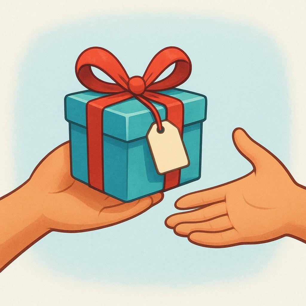A close-up image showing one hand gently offering a small, wrapped gift box to another hand, symbolizing the action of selling.
