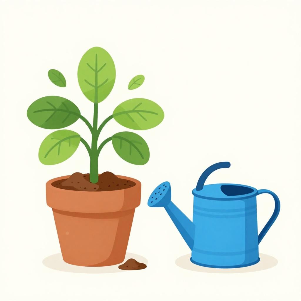 A small potted plant with dry, cracked soil and drooping leaves next to a full watering can that is not being used.