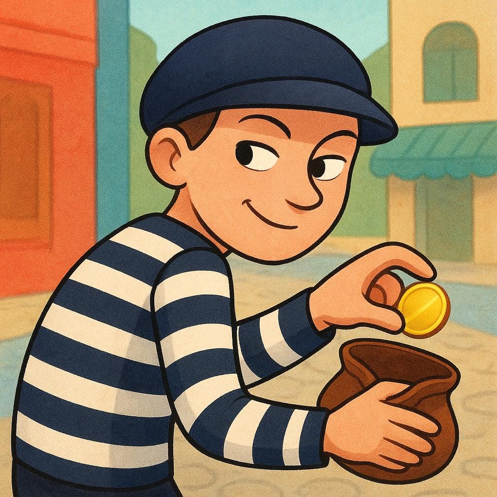 A cartoonish figure with a shifty expression, wearing a dark mask, sneaking a golden coin out of a small open pouch.