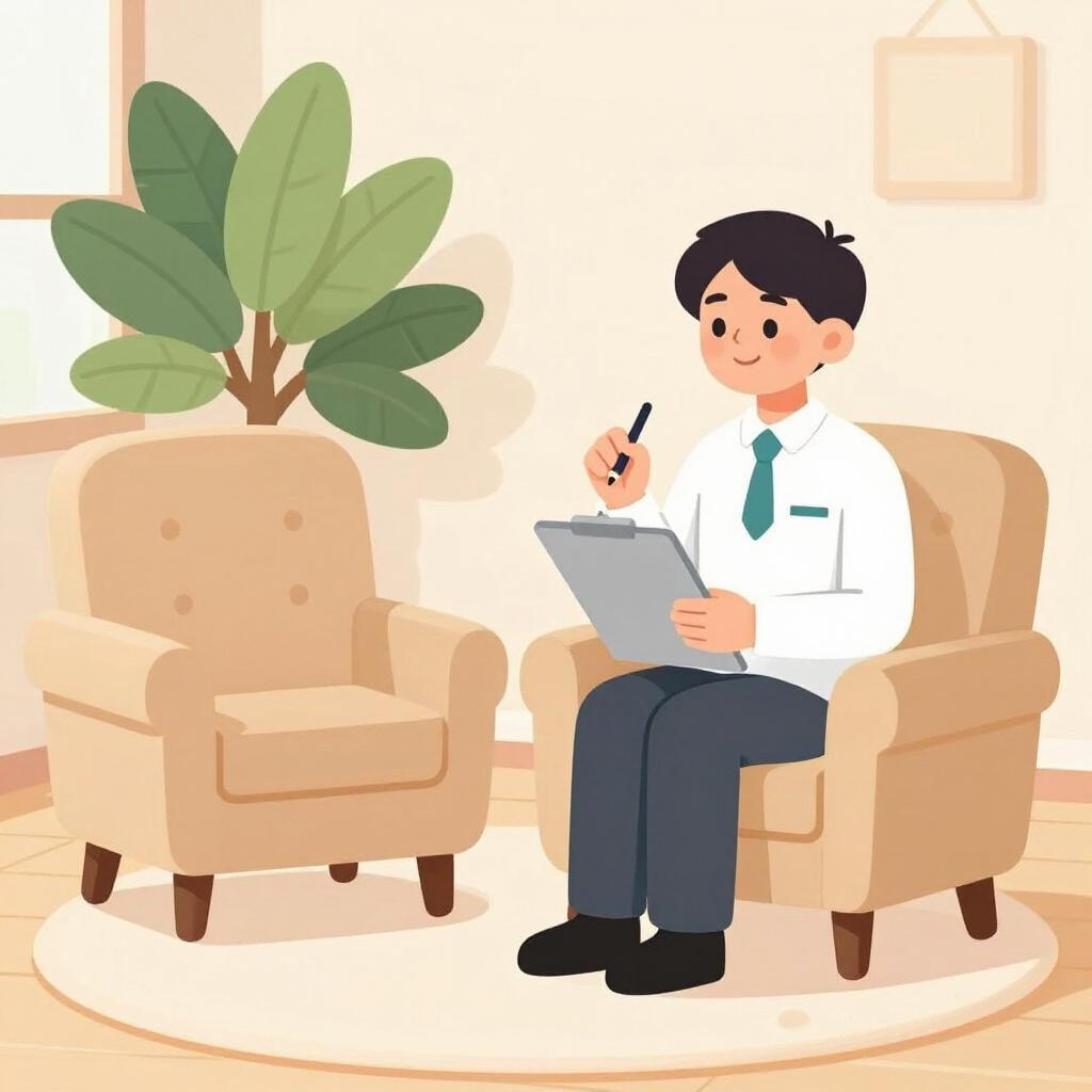 A friendly professional sitting in a comfortable chair, listening and taking notes on a notepad while talking to someone.