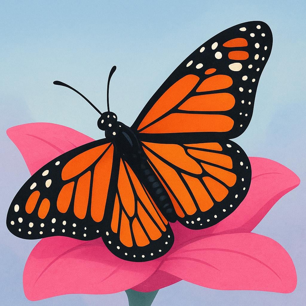 A stunning, brightly colored monarch butterfly resting gently on a single pink flower petal.