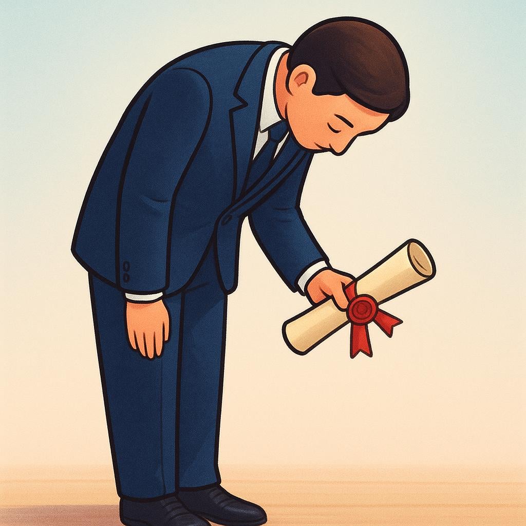 A formally dressed character performing a deep, respectful bow while holding a sealed, rolled-up document in their hand.