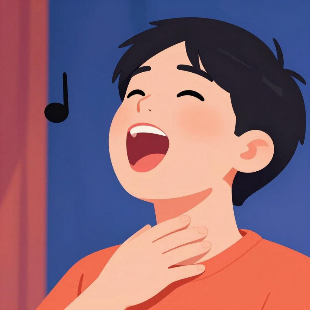 A singer on a stage with their mouth wide open, hand on their throat, showing they are pushing their voice.