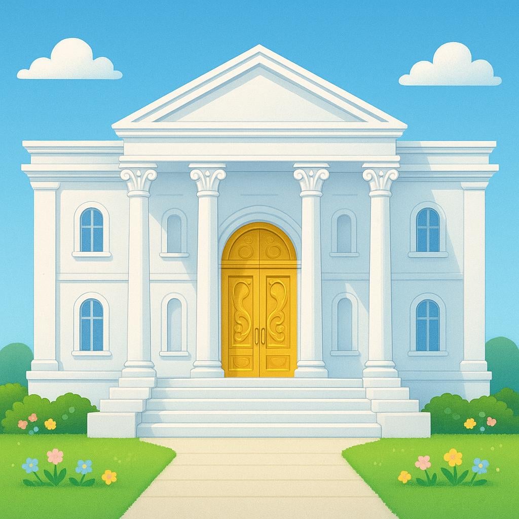 A large, grand palace with tall white pillars and golden gates.