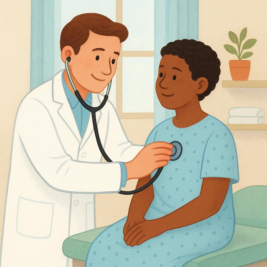 A storybook illustration showing a person, dressed in a hospital gown, consulting with a friendly doctor in a white coat on an examination table.