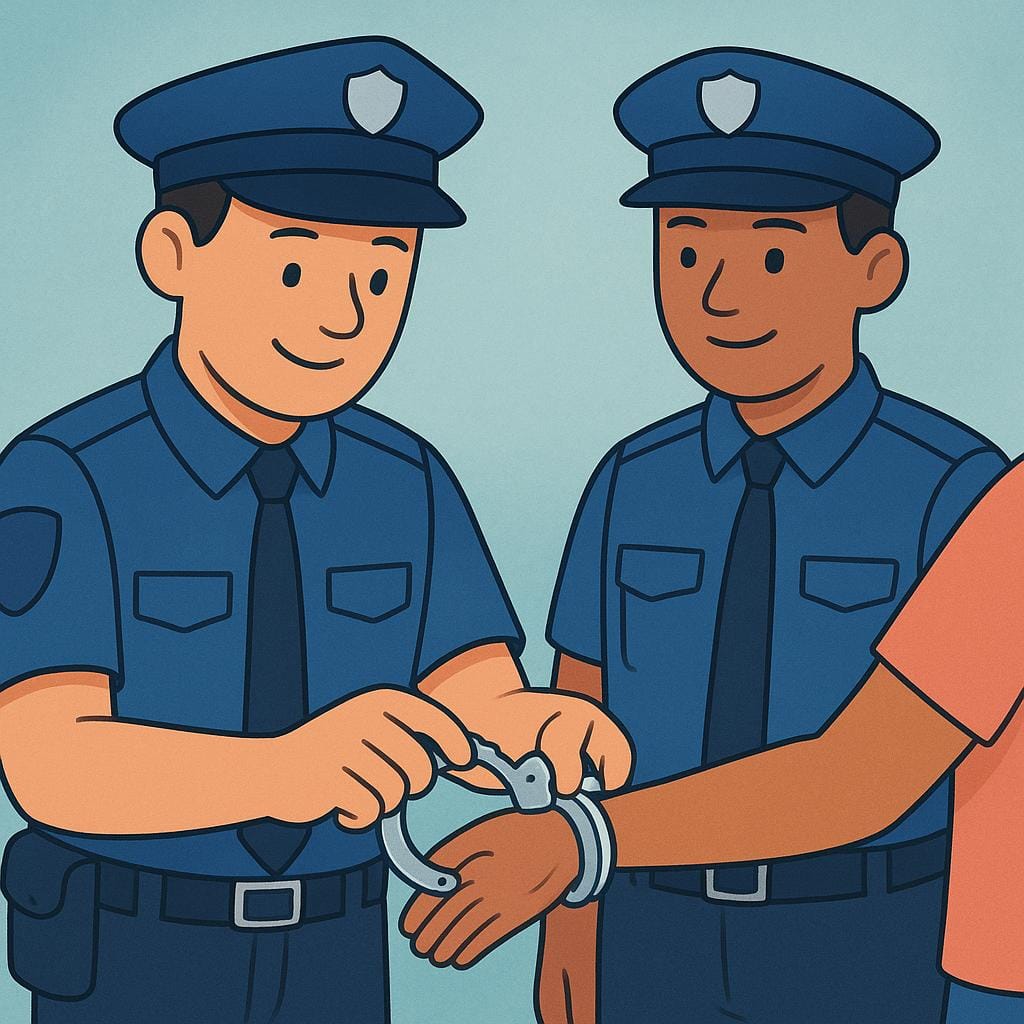 A storybook illustration showing a police officer placing a handcuff on a civilian's wrist, while another officer observes.