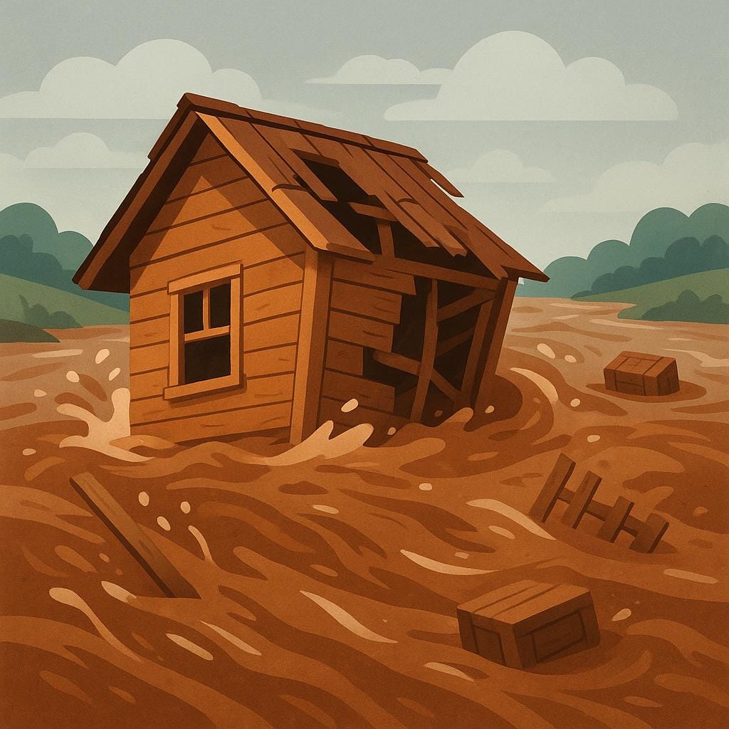 A high-quality illustration showing a small wooden house partially destroyed and surrounded by brown floodwaters, symbolizing a natural disaster.