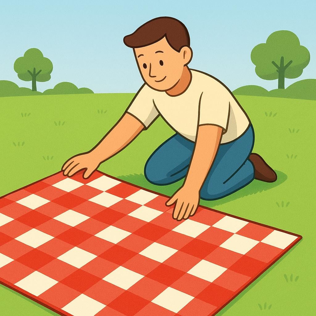 Uma pessoa ajoelhada na grama verde, usando ativamente as duas mãos para estender um grande cobertor xadrez vermelho e branco no chão.