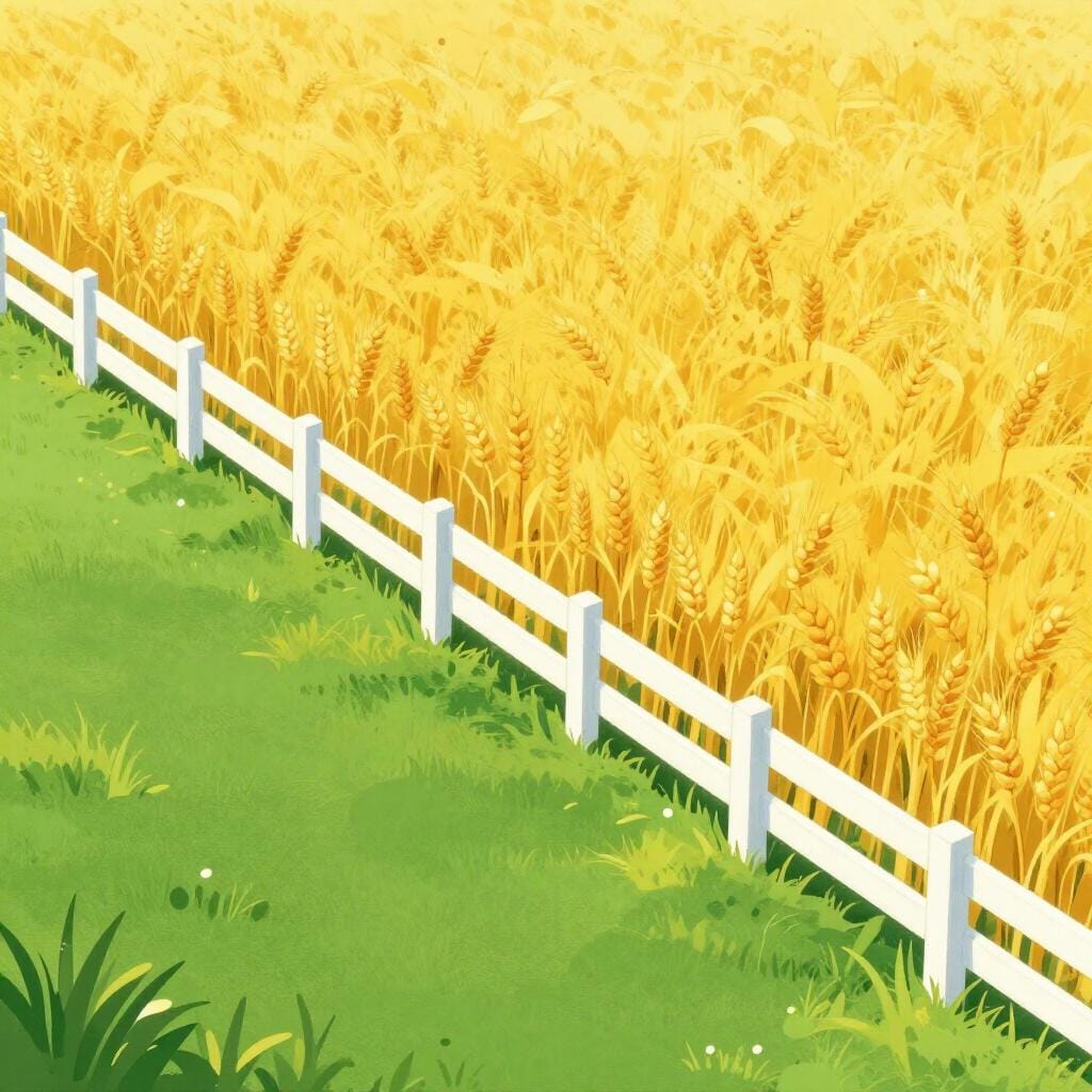 A white fence separating a green field from a golden wheat field.