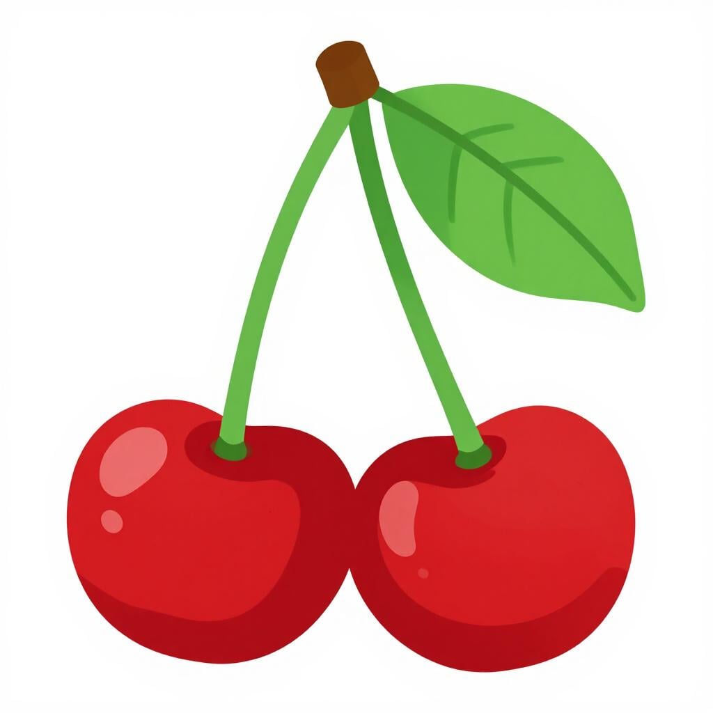 Two bright red cherries with green stems and a single green leaf.