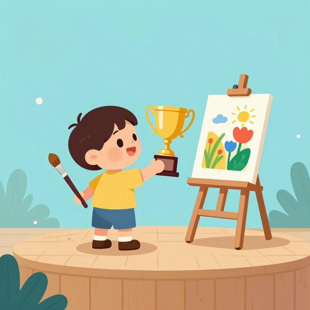 A child standing on a small wooden stage holding a shiny gold trophy and a paintbrush, representing an artistic contest.