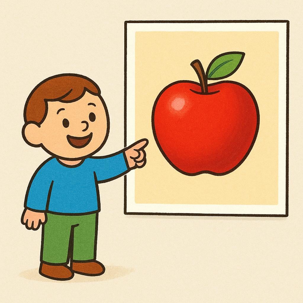 A cheerful cartoon person pointing at a large billboard displaying a single red apple, representing an advertisement.