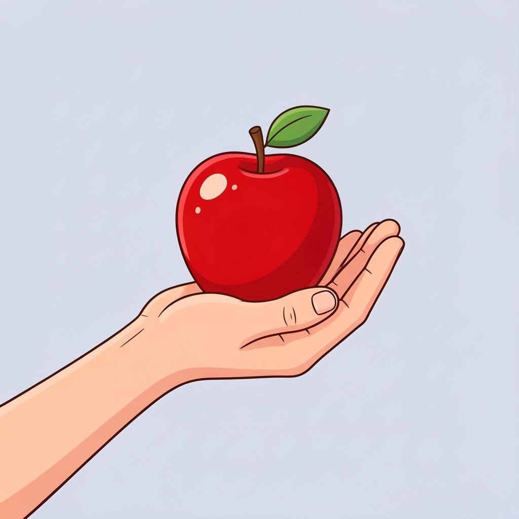 A person holding out a bright red apple in their hand towards the viewer.
