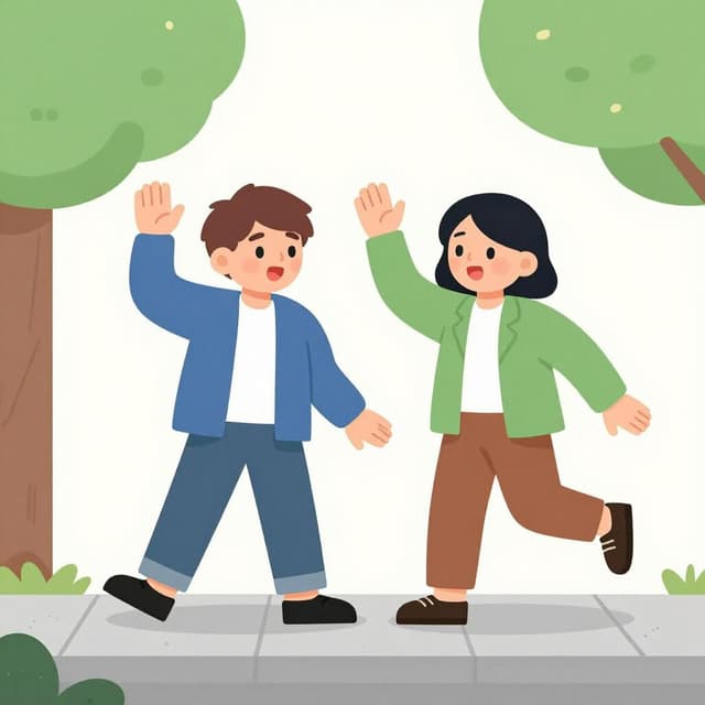 Two friendly characters looking surprised and waving as they cross paths on a winding garden path.