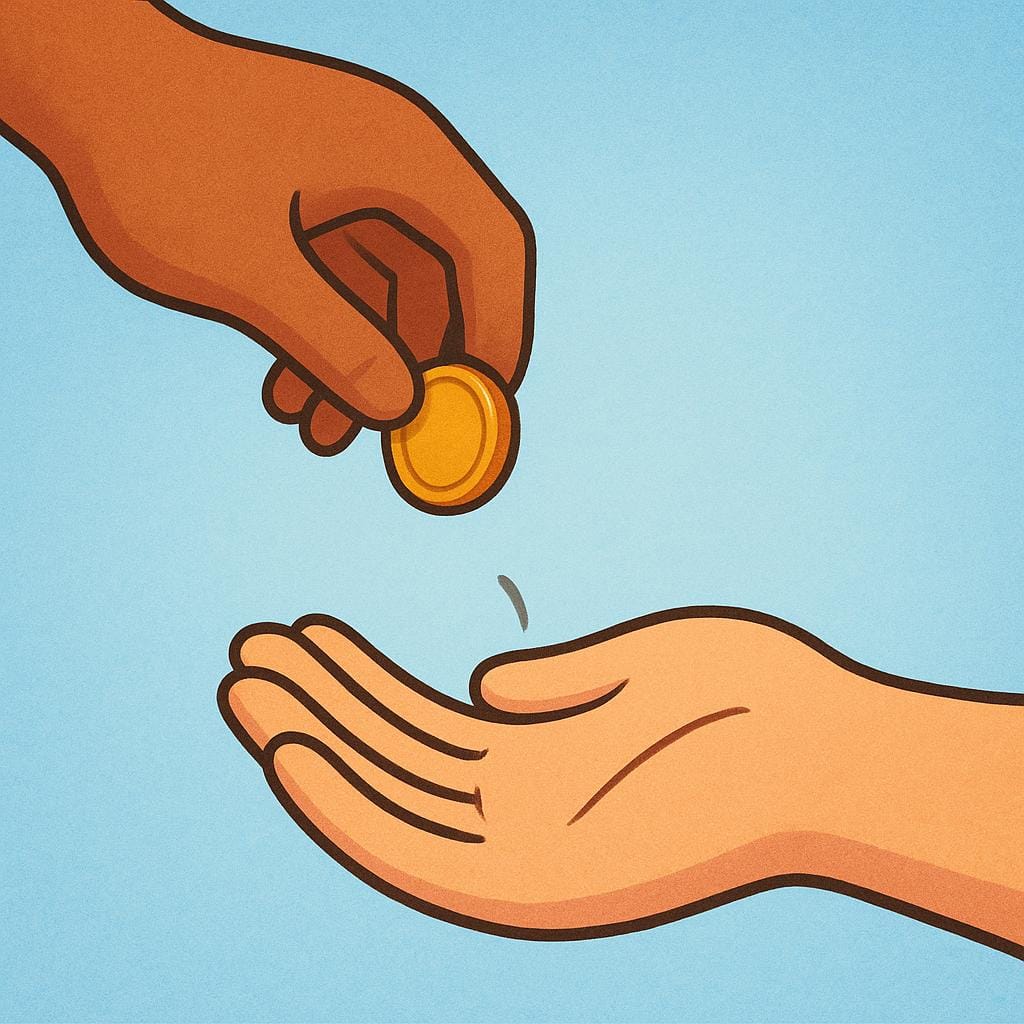 A close-up view of one hand gently placing a single gold coin into the open palm of a second hand, symbolizing financial support.