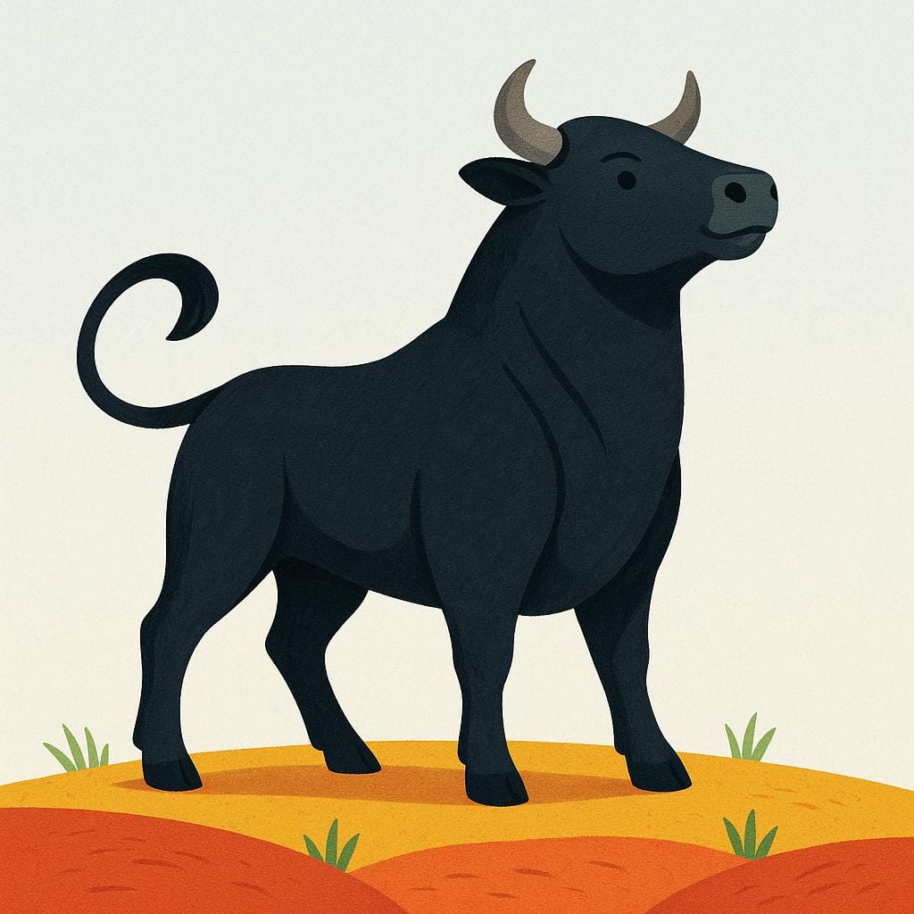 A simple, colorful storybook illustration featuring a stylized black bull standing on a patch of ground colored red and gold.
