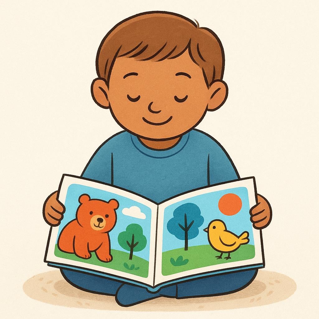 A smiling child sitting on the floor, holding an open, colorful book and nodding slightly, showing acceptance and belief in the information presented.