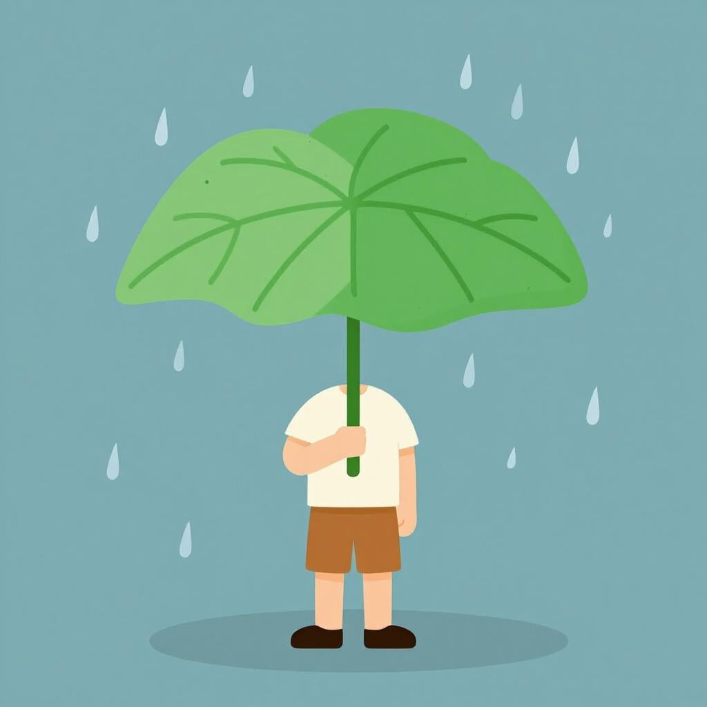 雨の中、大きな葉っぱを一時的な傘として使っている人の姿。