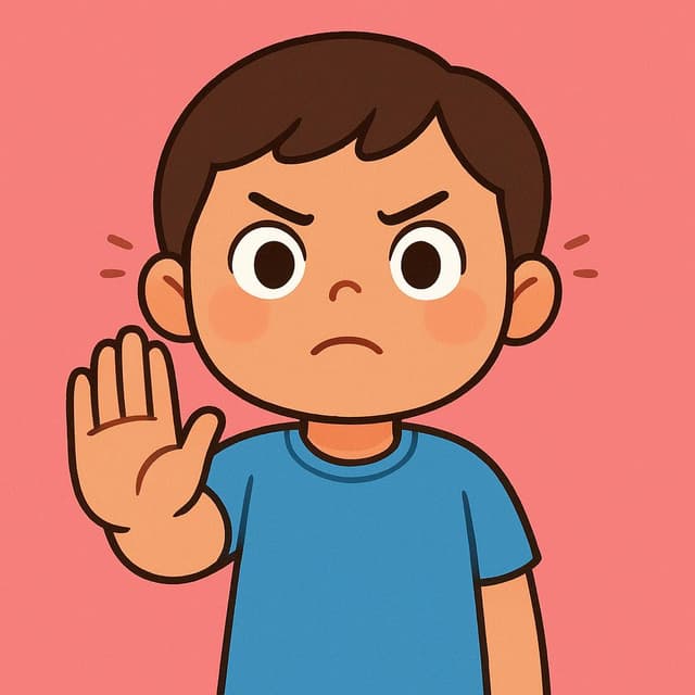 Un personnage de dessin animé amical secouant fermement la tête en signe de refus, avec une expression forte et décisive, sa main levée dans un geste d'arrêt, illustrant l'acte de nier une déclaration.