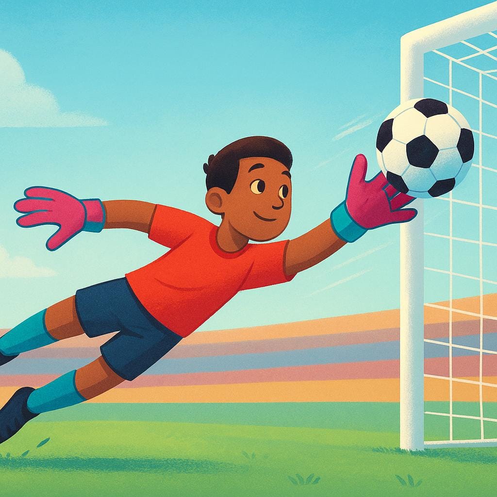 An illustration of a soccer goalkeeper making a dramatic horizontal dive to save a ball from entering the goal.
