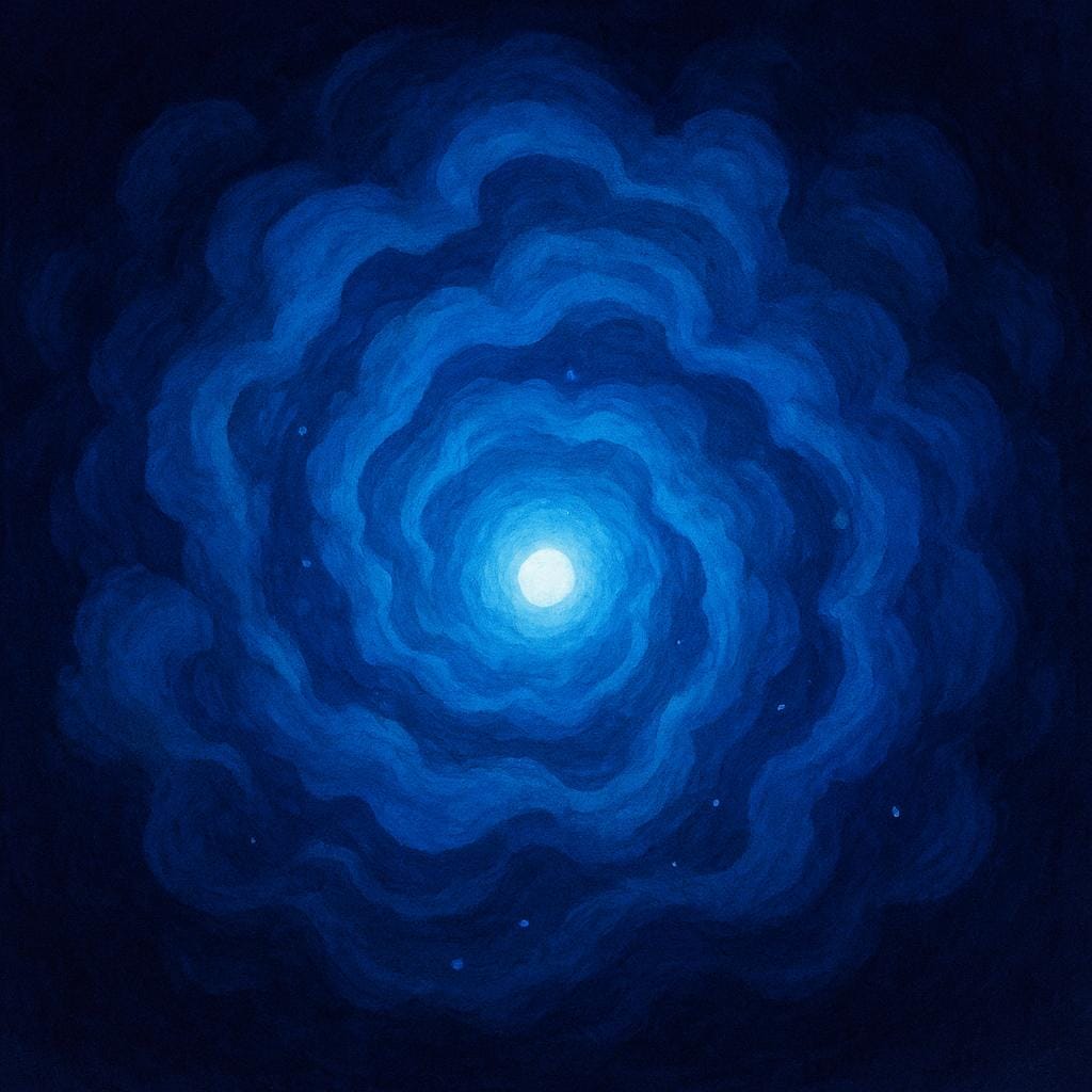 Ein schwaches, helles Licht, das teilweise von dichtem, wirbelndem blauem Nebel in einer dunklen, atmosphärischen Umgebung verdeckt wird.