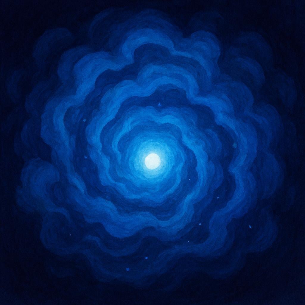 A faint, bright light partially obscured by heavy, swirling blue fog in a dark, atmospheric environment.