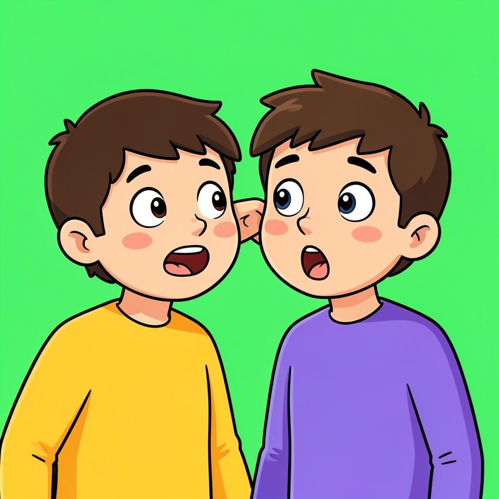 A person leaning in to whisper a secret or news into a friend's ear, with a look of discovery on the friend's face.