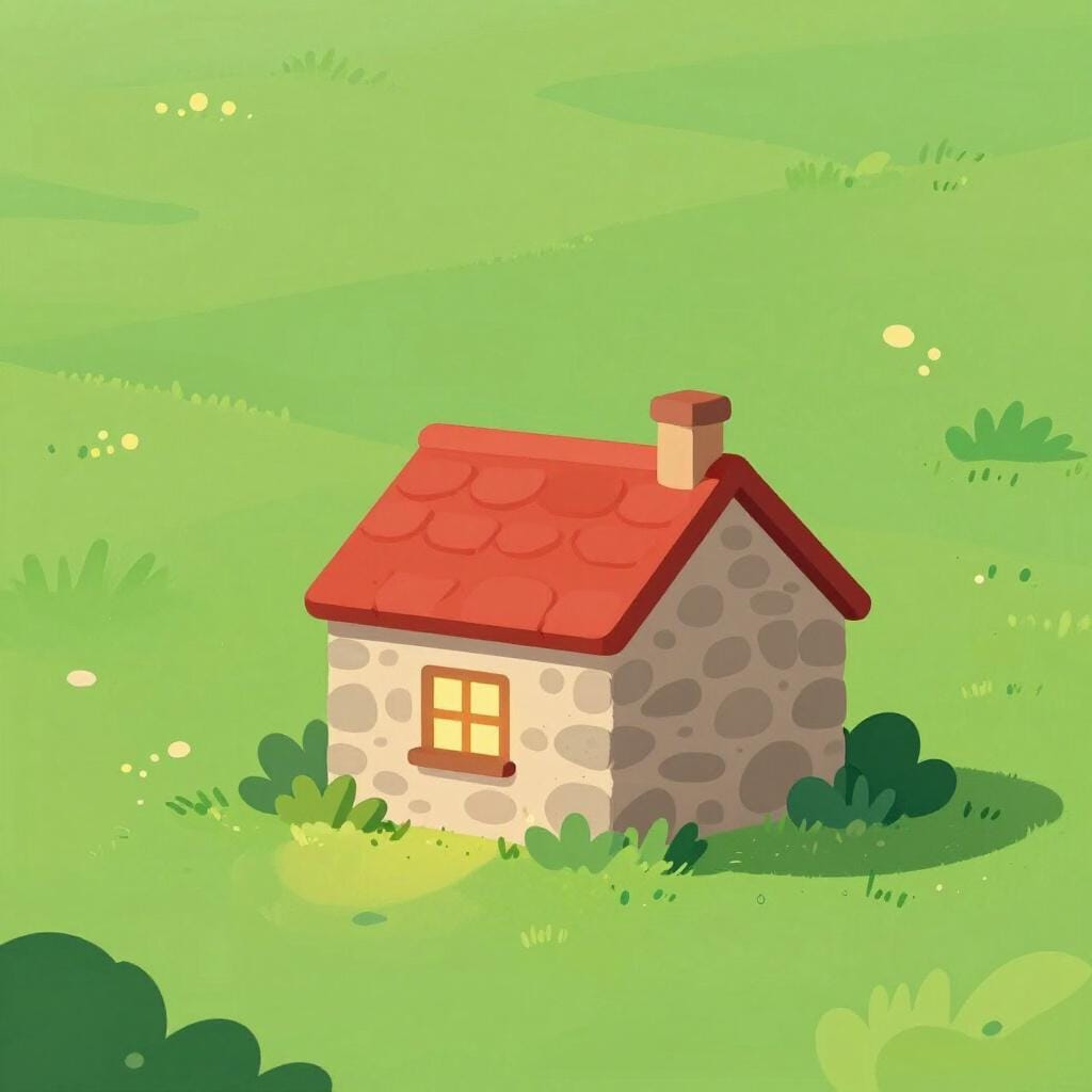 A small, sturdy stone cabin with a warm orange glow coming from the window, nestled in a safe valley.