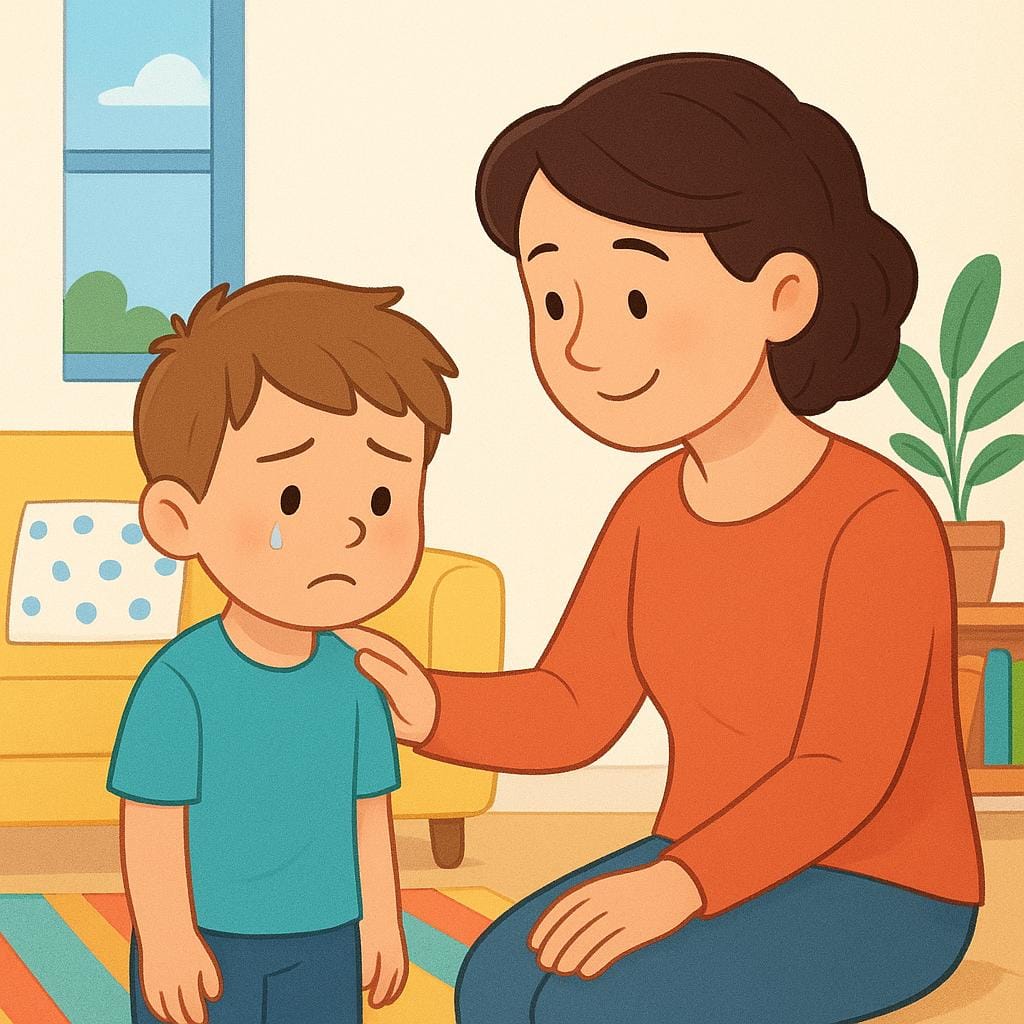 A kind figure gently placing a comforting hand on the shoulder of a slightly worried child, offering reassurance and suggesting they calm down.