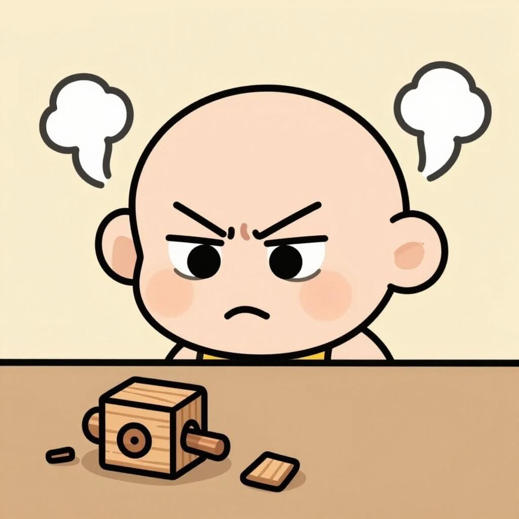 A frustrated character with a cartoonish angry expression holding a broken toy.