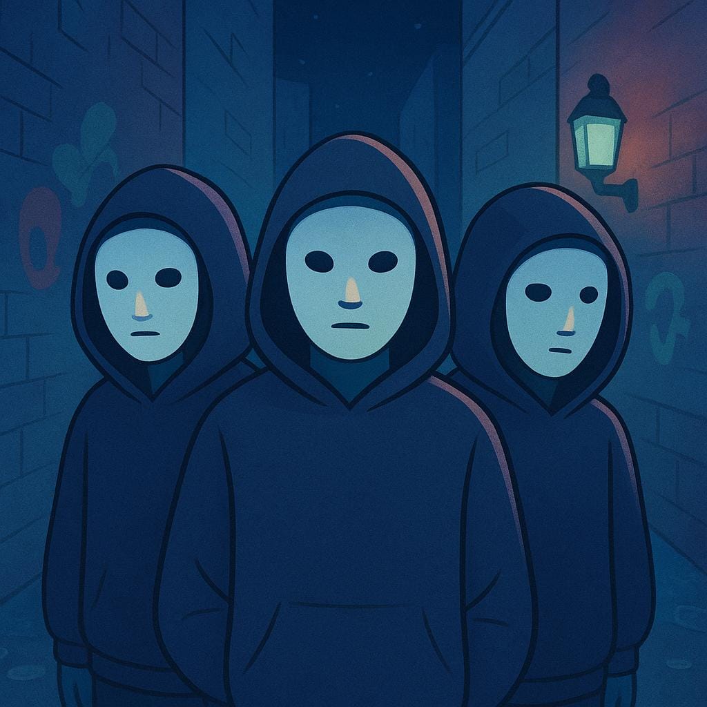 A group of three figures wearing dark clothing and masks, huddled together secretly.