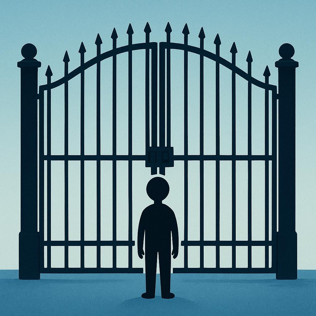 A solitary figure stands before a massive, heavy, firmly closed black iron gate, symbolizing a final, irreversible judgment or capital punishment.