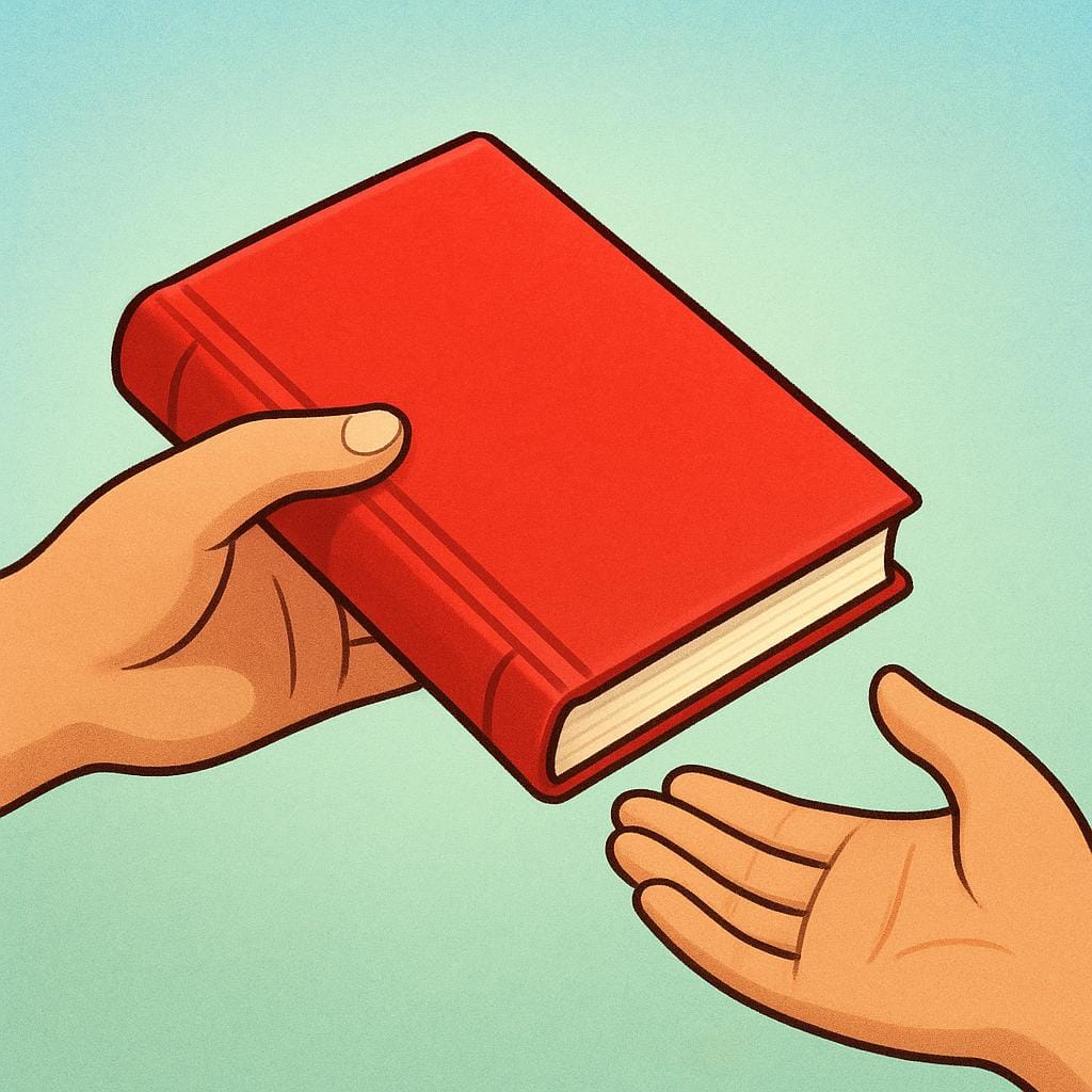 Um livro vermelho vivo está sendo passado de uma mão para outra, simbolizando a ação de emprestar.