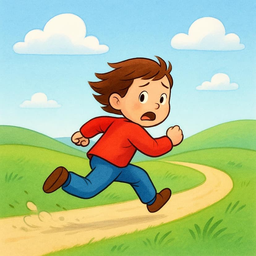 A small figure running rapidly across a green field, looking back nervously over their shoulder, illustrating the action of fleeing.