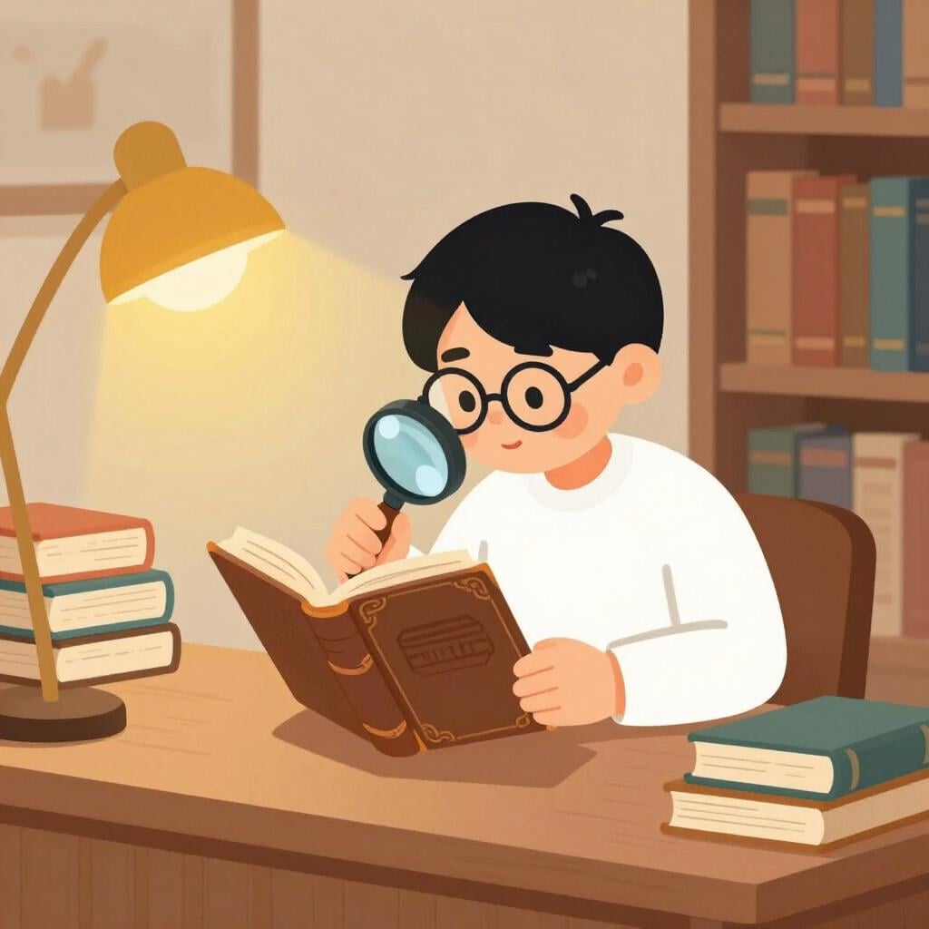 Eine Person in einer Bibliothek, die mit einer Lupe ein altes, dickes Buch untersucht.